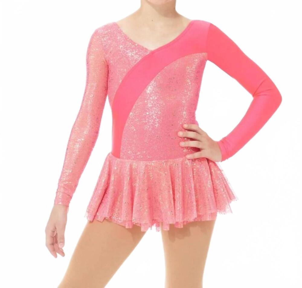 NEW MONDOR shimmer asymmetrical long sleeve skate dress in pink goji